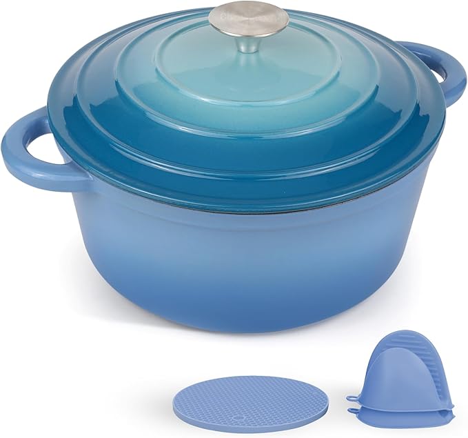 6 Quart Enameled Cast Iron Dutch Oven Pot with Lid and Silicone Accessories, Oven Safe up to 500°F or on Stovetop, Non-stick Dutch Oven for Bread Baking, Cooking, Dual Handles Cookware, Light Blue