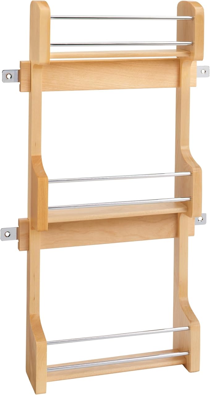 Rev-A-Shelf 15" 3 Tiered Pull Out Shelf Organizer for Kitchen Cabinets, Pantry Storage Spice Seasoning Rack, Door/Wall Mounted, Maple Wood, 4SR-15