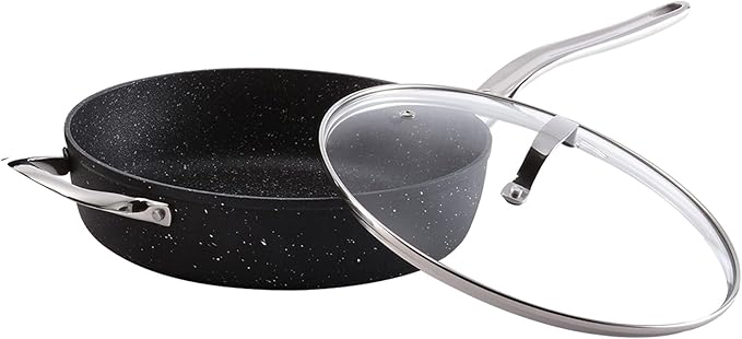 Starfrit The Rock Classic 11" (28cm) Non-Stick Deep Fry Pan with Helper Handle and Glass lid - Durable Forged Aluminum - Oven Safe - PFOA Free - Easy to Clean