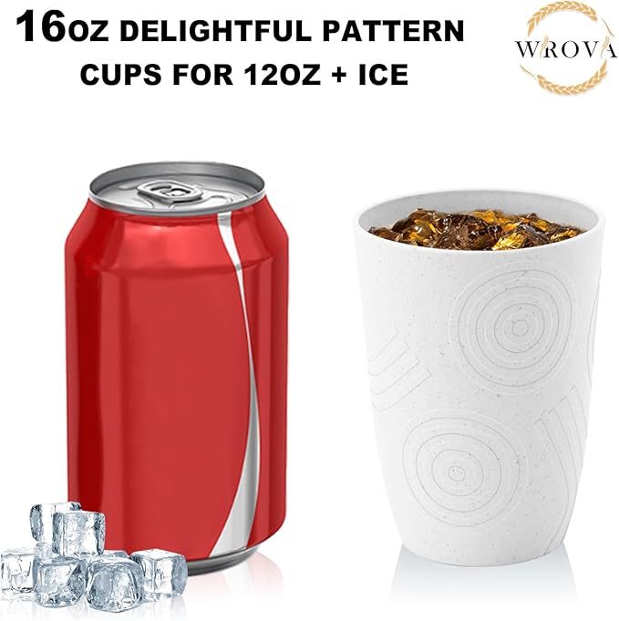 Wrova Wheat Straw Water Cups 16oz with Etched Pattern - Alternative Plastic Drinking Glasses Set of 6 - Unbreakable Tumbler Reusable Water Cups for Kids - White