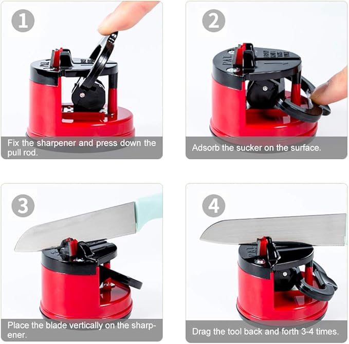 Knife Sharpener, knife sharpeners for kitchen knives, Kitchen Knife Sharpener with Suction Base, Pocket Knife Sharpeners Suitable for Most Knife Types, Red