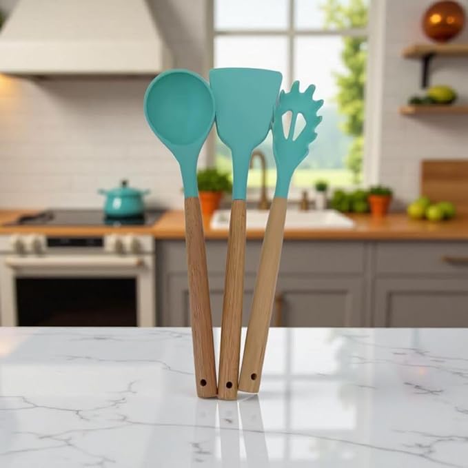 Silicone Cooking Spoons, 3-Piece Nonstick Utensil Set with Acacia Wood Handles - Heat-Resistant for Frying, Serving & Turning Spatula