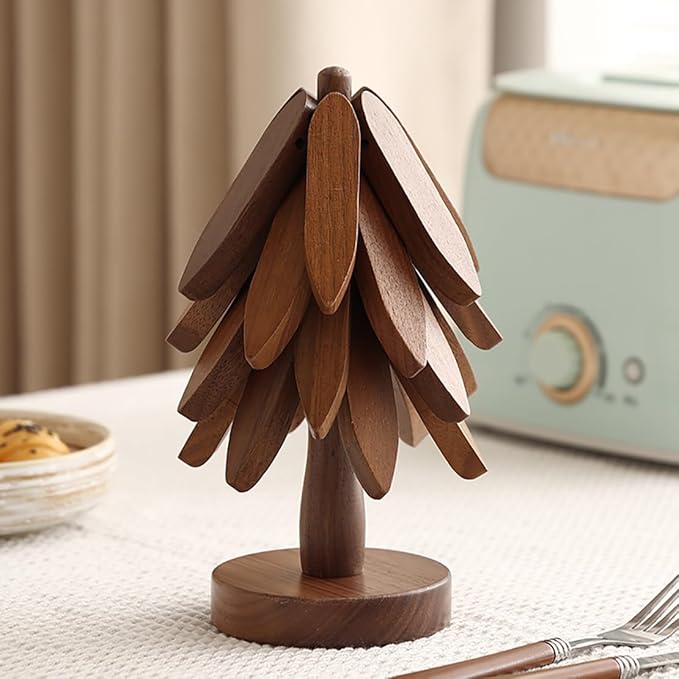 Wooden Trivets for Hot Dishes, Tree Shape Trivet Set, 4 Wooden Trivets+1 Stand, Natural Foldable Kitchen Wooden Trivet for Hot Dishes, Pot, Bowl, Teapot, Hot Pot Holders