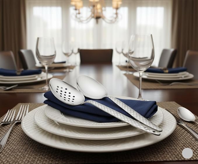 Chef Kunz Spoon | Pack of 2 | 18/10 Stainless Steel Professional Chef's 9 inch Solid Bowl Silver Plating Spoon | Non-Slip Grip Spoons for Basting, Quenelle, Serving, Sauces