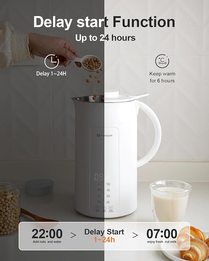 MOKKOM 9 in 1 Nut Milk Maker, 42oz Automatic Almond Milk Machine for Homemade Plant-Based Milk, Oats, Soy, Dairy Free Beverages, Soy Milk Maker with Delay Start/Keep Warm/Self-Cleaning/Boiling, White