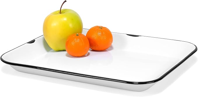 Red Co. 13.5” x 10” Enamelware Metal Classic 1.6-Quart Rectangular Serving Tray, Distressed White/Black Rim