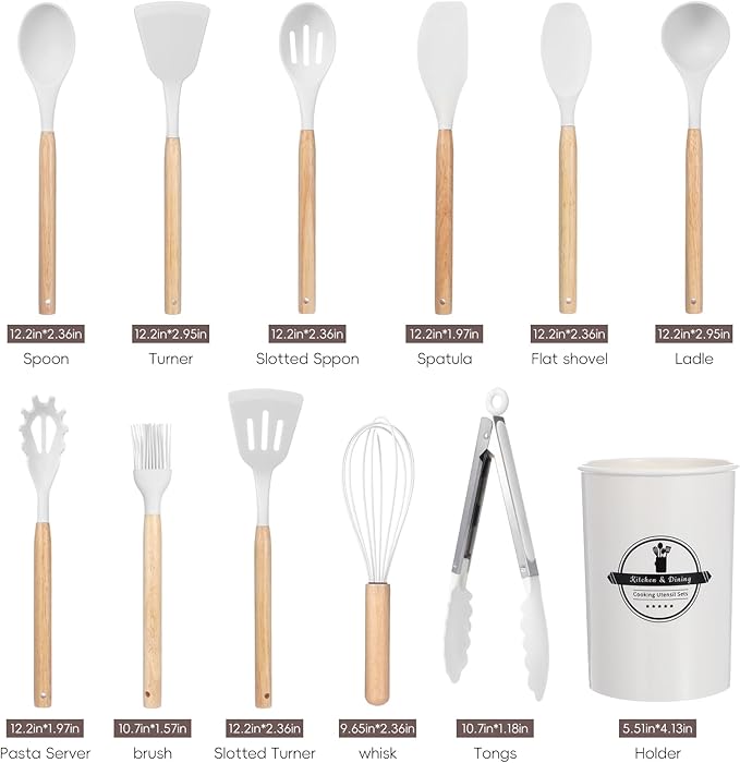12 Pcs Kitchen Utensils Set, 446°F Heat Resistant Silicone Cooking Utensils Set, Non-Toxic Wooden Utensil Set, Kitchen Gadgets Tools Set for Nonstick Cookware, Kitchen Accessories, White