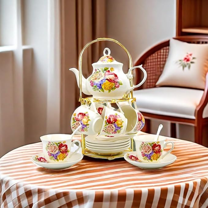 20-Pieces Porcelain Bone china Tea Sets,Gold Rim Coffee Set with Golden Metal Rack,Tea Gift Sets for Home&Party (006)