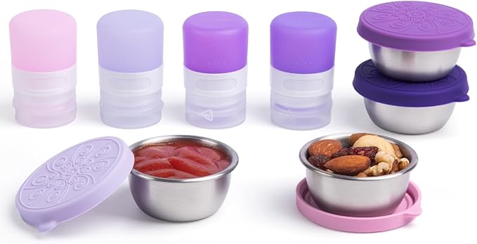 8-Pack Salad Dressing Container To Go, 1-oz Silicone Small Condiment Squeeze Bottles and 1.6 oz Stainless Steel Sauce Containers Cups, Leakproof Condiment Containers with Lids for Lunch Box