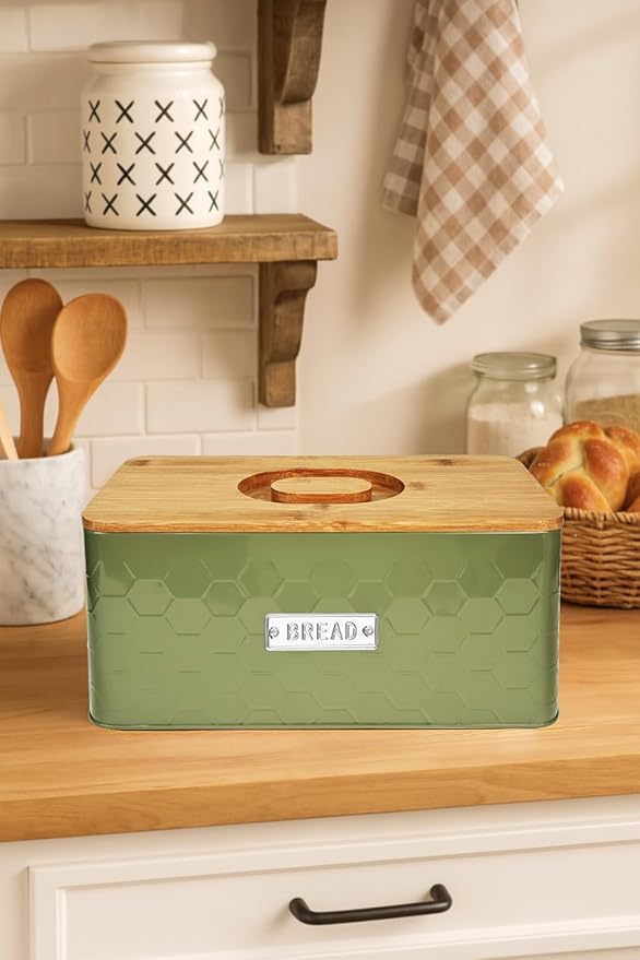 vensovo Bread Box for Countertop – Large Green Metal Bread Bin with Bamboo Cutting Board Lid, Farmhouse Bread Storage Container for Homemade Bread, Baked Goods & Kitchen Counter Organization