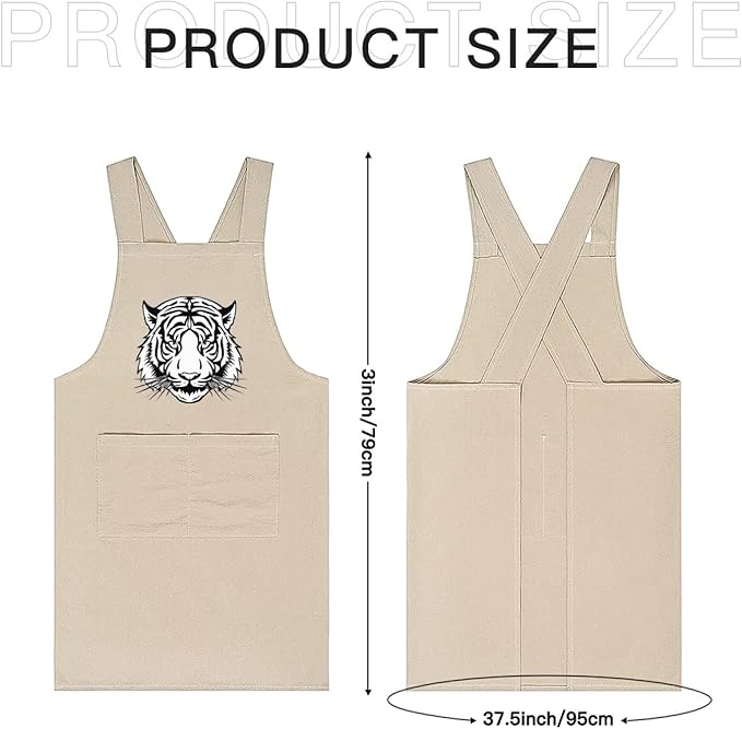 Cotton Linen Apron Non-tie Cross Back Kitchen Apron with Pockets Soft Comfortable Durable for Cooking Baking Gardening (Khaki)