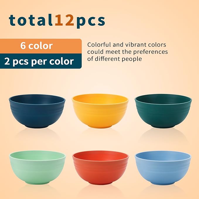 Lazycorner 12 Pcs Wheat Straw Cereal Bowls 26 Oz Wheat Straw Bowls Set Reusable Plastic Bowls for Soup Microwave & Dishwasher Safe Soup and Salad Bowls