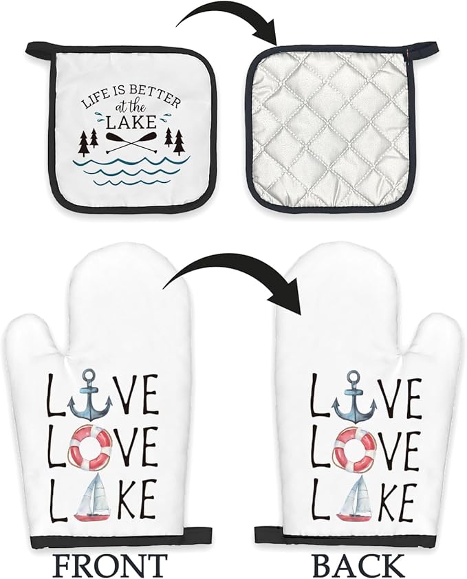 Lake Lovers Gifts Oven Mitts and Pot Holders Sets, Lake House Gifts Kitchen Accessories Sets, Lake House Decor,Life is Better at The Lake Heat Resistant Oven Glove Potholders for Kitchen Baking