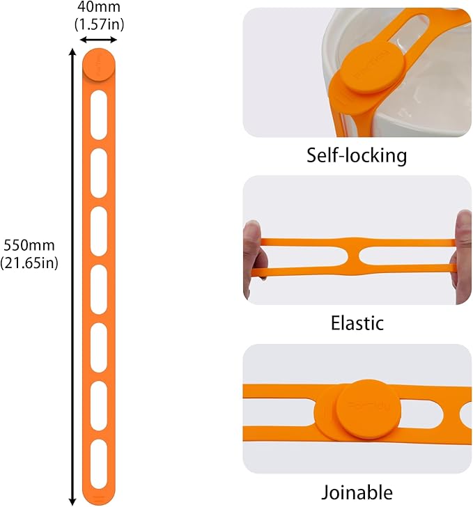 FORTIDY Utility Silicone Strap for Casserole Lid, Pot, Bento Box, 21.65 in Reusable Elastic Self-Lock Silicone Tie for Bundling or Organizing Extension Cord, Curtain, Yoga Mat (Orange, 2pcs)