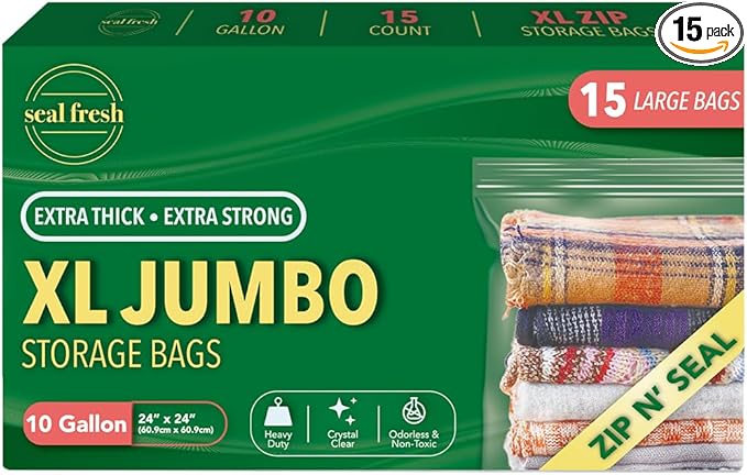 10 Gallon Large Plastic Storage Bags – 24" x 24" (15 Count) – Reusuable XXL Extra Large Heavy Duty Clear Jumbo Freezer Zip Bags with Sealable Zipper Top For Clothes, Travel, Moving
