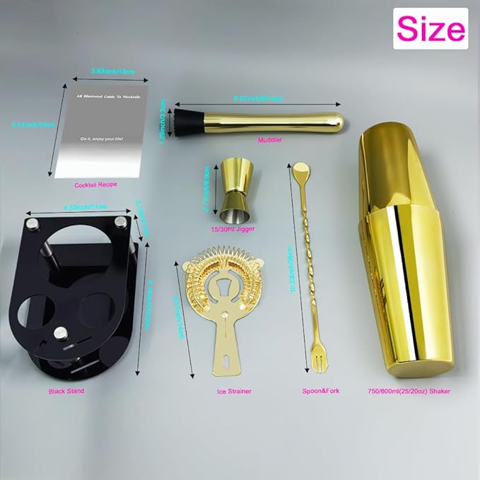 5 Piece Cocktail Shaker Bartender Kit: 750/600ml(25/20oz) Cocktail Shaker Set with Stand, Drink Mixing Includes Martini Shaker,Strainer,Jigger,Bar Mixer Spoon,Muddler Bar Tool Set (Gold)