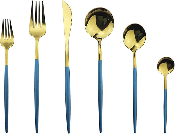 JASHII 18/10 Silver Silverware Set Stainless Steel Flatware Utensils Set Gold Cutlery Set| 36-Piece Modern Cubiertos Dorados| BEST Birthday Wedding Gift (6 sets, Blue Handle Gold Mirror Polish)