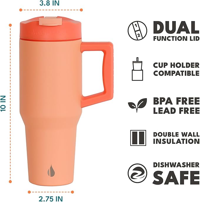 Elemental 32 oz 100% Leak Proof Tumbler with Handle & Straw - Stainless Steel Double Wall Insulated Tumbler for Hot and Cold Beverages - Travel Coffee Mug with Sip & Straw Lid - Peach Sunrise
