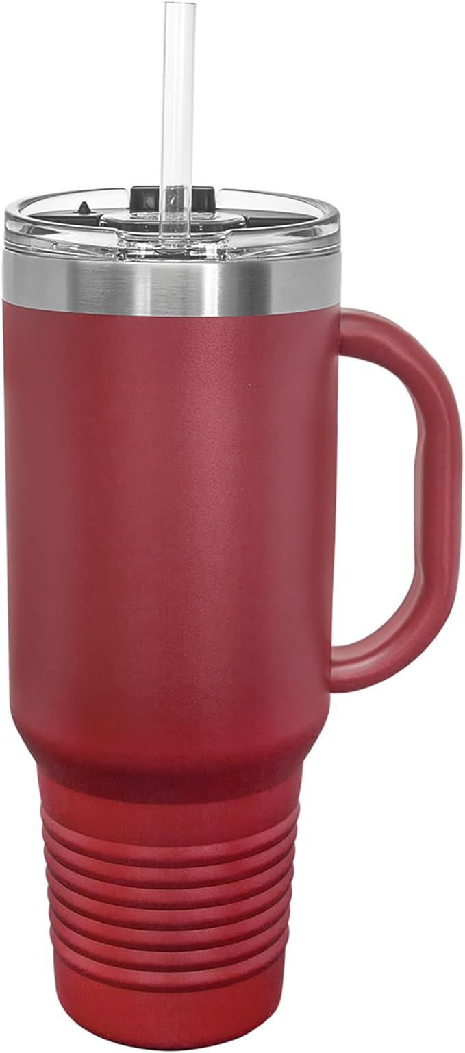 LaserGram 40oz Vacuum Insulated Travel Mug with Handle, Tiki Statue, Personalized Engraving Included (Maroon)
