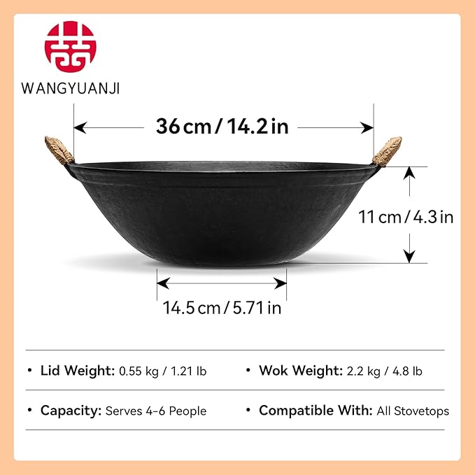 WANGYUANJI 14.2 inch Flat-Bottom Cast Iron Wok Pan with Lid, Dual Handles, Traditional Handcrafted Chinese Wok, Coating-Free, Not Pre-Seasoned — Works with Induction/Gas/Ceramic Cooktops