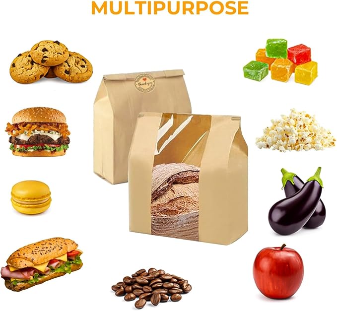 100 Pack UPGRADED THICKEST Brown Paper Bread Bags for Homemade Bread Large Sourdough Bread Bags 13.7"x8.3"x3.5" with TIN TIE LOCK & Clear Window, Rigid Bakery Bags with 100 “Thank You” Seal Stickers