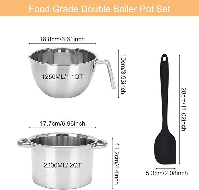 3PCS Double Boiler Pot Set, 1250ML/1.1QT Mixing Bowl with Scale 2200ML/ 2QT Stainless Steel Heating Pot with Silicone Spatula for Cheese Chocolate Candy Candle Soap Wax Melting (1250ml+2200ml)