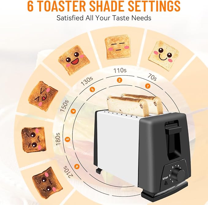 Sleek 2-Slice Toaster with Wide Slots – 6 Adjustable Settings, Defrost for Frozen Bread, Removable Tray, Compact Stainless Steel Design – Modern kitchen appliances Essential (Black)