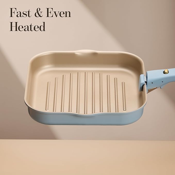 CAROTE 10 Inch Titanium Reinforced Nonstick Grill Pans for Steak, Non-Stick Grill Pans Sets with Detachable Handle, PFOS, PFOA Free, Gas & Induction Safe, All Stovetops Compatible, Blue