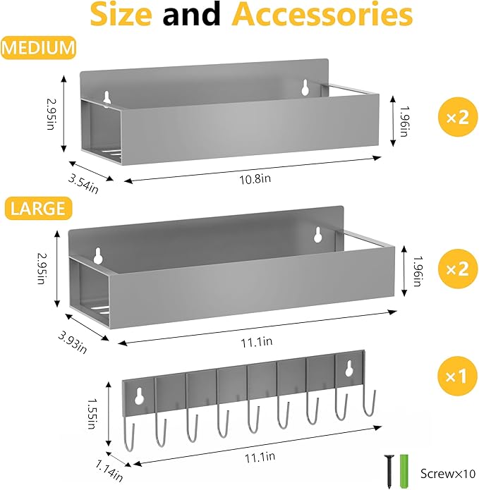 Magnetic Spice Rack Organizer for Fridge Seasoning Organizer for Kitchen storage with Screw Magnetic Shelf with Hook for Refrigerator and Oven (4pack1hook-Grey)
