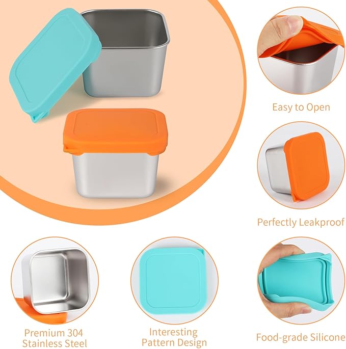 6oz Stainless Steel Sauce Containers with Lids, Leakproof Reusable Salad Dressing Containers for Lunch Boxes Picnics Travel, Dishwasher Safe Food Storage. 3 pcs