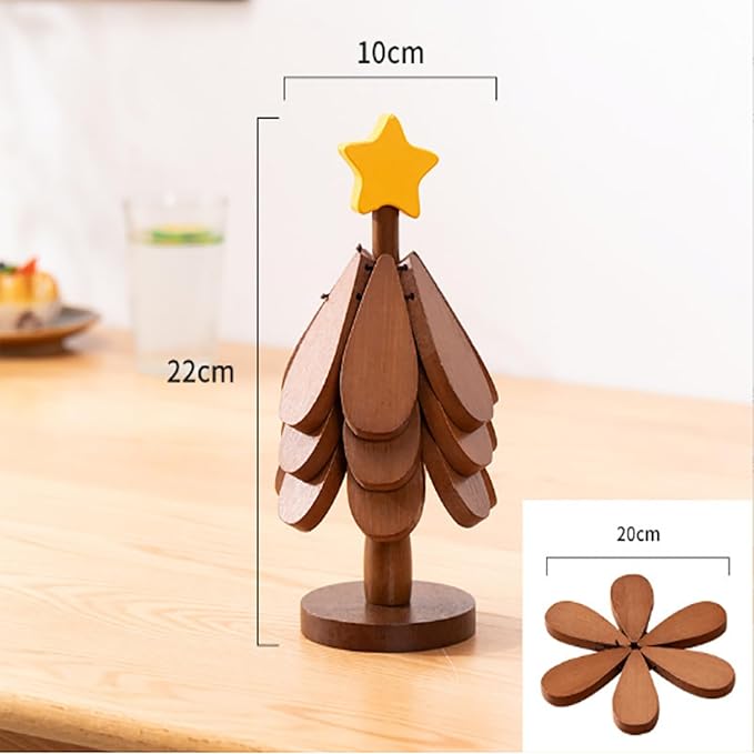 Wood Christmas Tree CoastersWooden Trivets for Hot DishesWooden Tree Shape Trivet3 Wooden Trivets+1 Stand (Beech Wood)