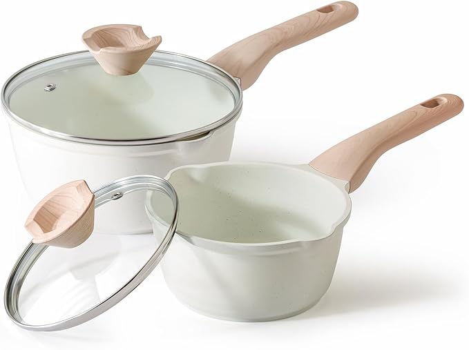 Kordisen Sauce Pan Set with Lid, 1.5Qt & 2.5 Qt Nonstick Cooking Pots with Pour Spout, Easy to Clean, Small Kitchen Induction Saucepan with Ceramic Coating, PFOA/PFOS Free (Cream)