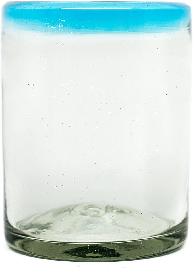 Set of 6 Hand-Blown Tumbler (10 oz) Glasses from Mexico with Aquamarina Rim - Rustic & Handcrafted Recycled Bubble Glass Drinking Glassware