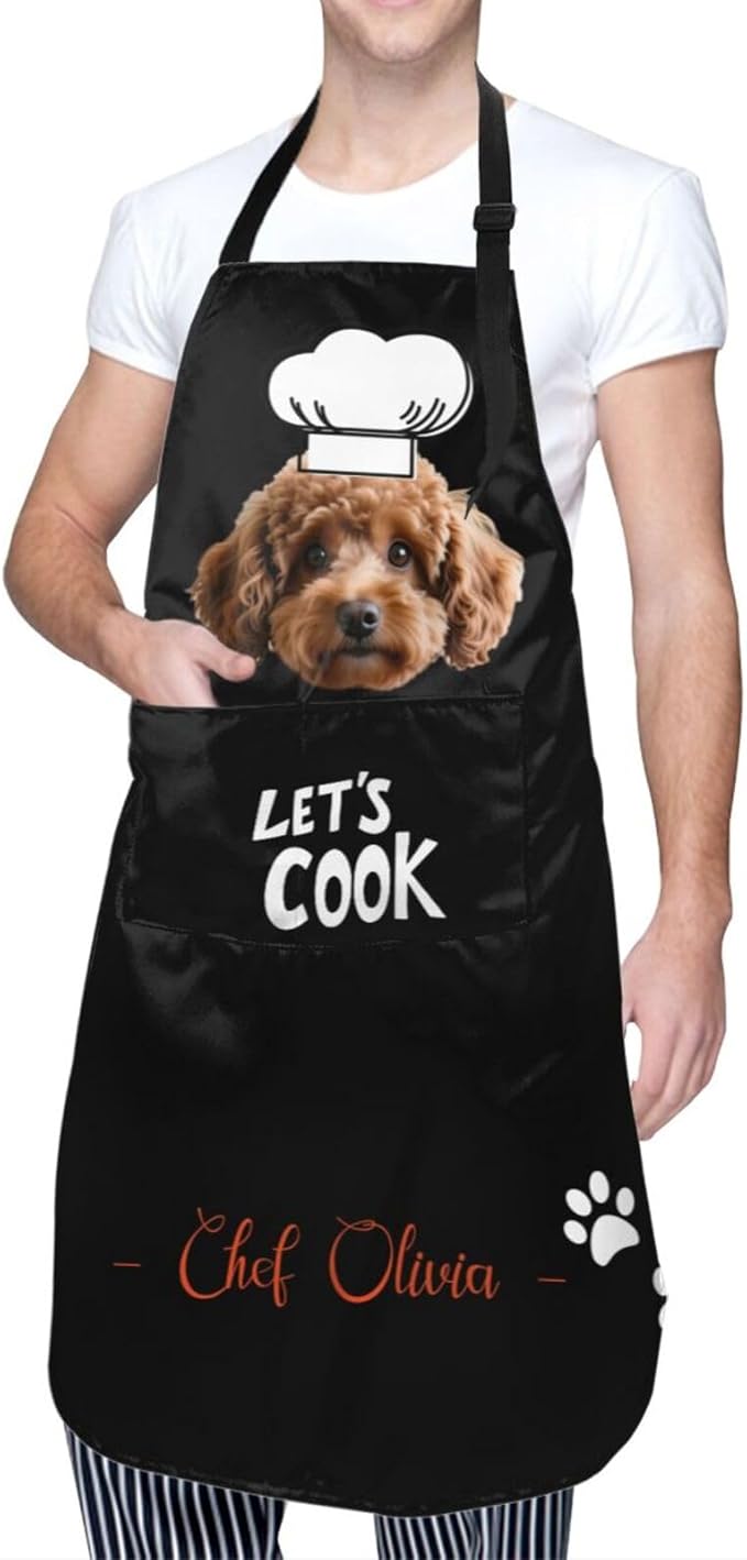 Custom Dog Face Apron for Men Women, Personalized Photo Bib Apron with Pockets, Customized Chef Aprons