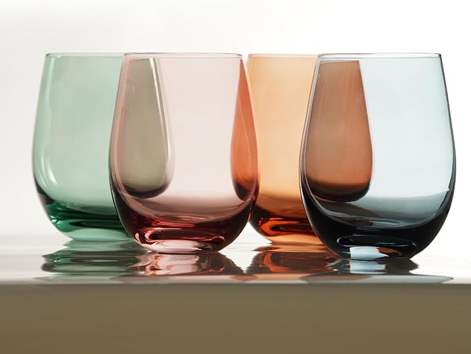 Colored Stemless Wine Glasses for Red or White Wine (Set of 4), 18-Ounces, Large Wine Glasses for Cabernet, Pinot Noir, Burgundy, Bordeaux (4color)
