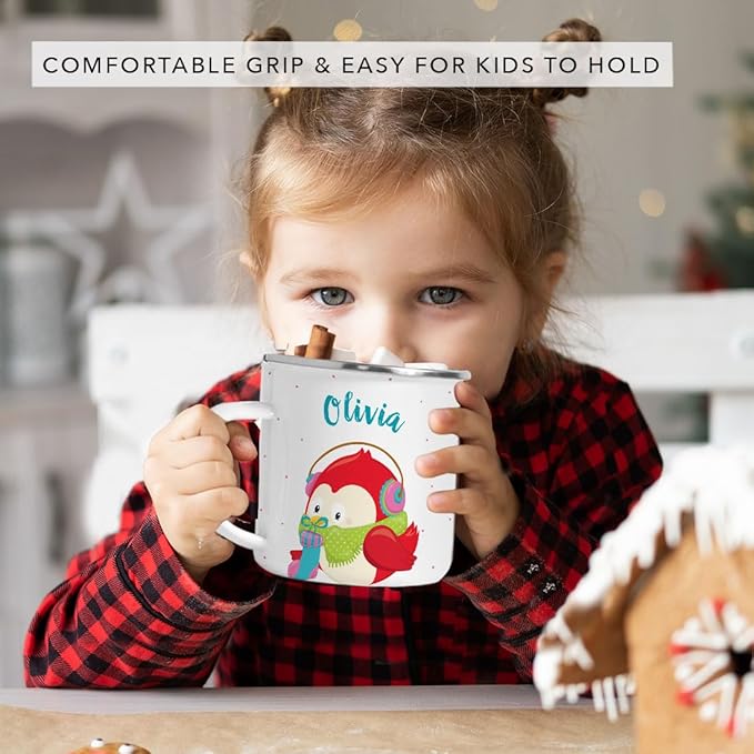 Andaz Press Personalized Name 11oz. Kids Christmas Hot Chocolate Stainless Steel Campfire Coffee Mug, Festive Red Owl, 1-Pack, Custom Child’s Birthday Xmas Cup