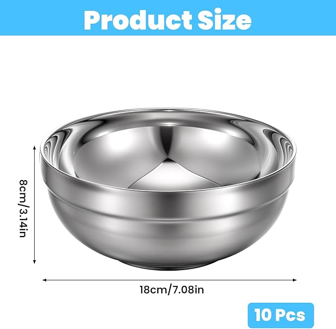 cobee 10 Pack 34 oz Stainless Steel Bowls, Double Stainless Steel Cereal Bowls Double Walled Insulated Soup Metal Serving Dishes for Serving Ice Cream Soup Rice Snack Cereal