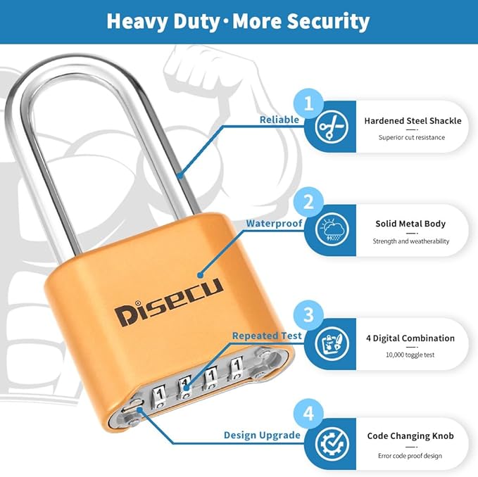 1 Pack disecu Heavy Duty 4 Digit Combination Lock, Anti-Error Feature, 2.5 Inch Long Shackle Outdoor Waterproof Padlock for School Gym Locker, Fence, Gate, Toolbox (Brass)