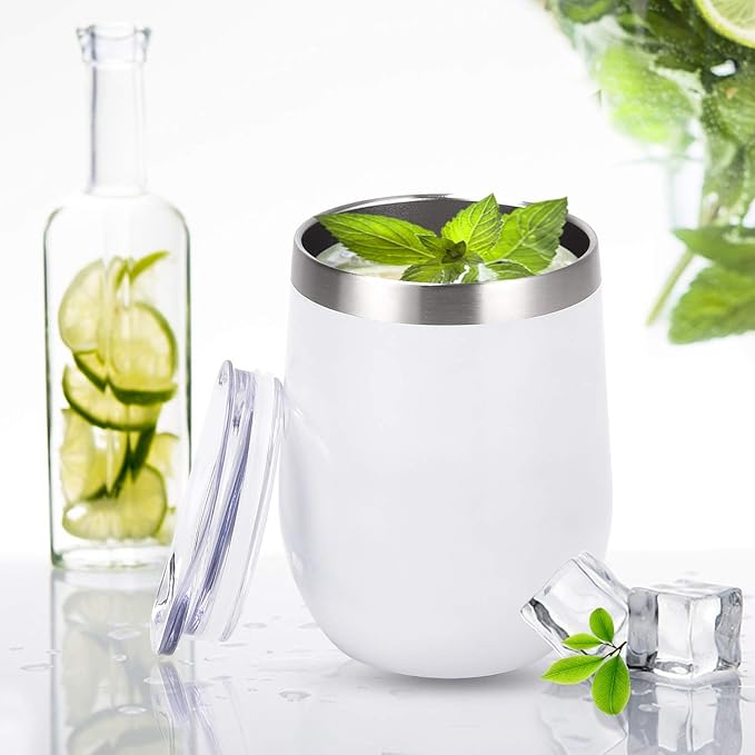 6 Pack Stainless Steel Wine Tumblers, 12Oz Insulated Wine Tumbler, Double Wall Insulated Wine Glass, Stainless Steel Stemless Wine Cups with Lids for Coffee, Wine, Cocktails, Champaign, White