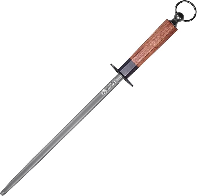 MITSUMOTO SAKARI 12 Inch Knife Sharpener Rod, Round Knife Honing Rod, High Carbon Honing Steel