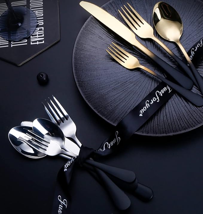 Black Silverware Set for 6 Modern 30 Piece Flatware Set 18/10 Stainless Steel Unique Gradual Change Cutlery Utensils Sets for Home Kitchen Restaurant Tableware Set Mirror Polished