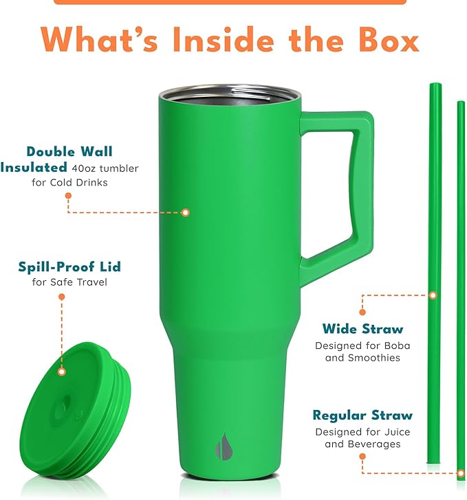 Elemental 40 oz Tumbler with Handle and Straw - Spill Proof Insulated Stainless Steel Commuter for Hot and Cold Beverages - Travel Coffee Mug with 2 Straws & Spill Proof Lid - 40oz - Green