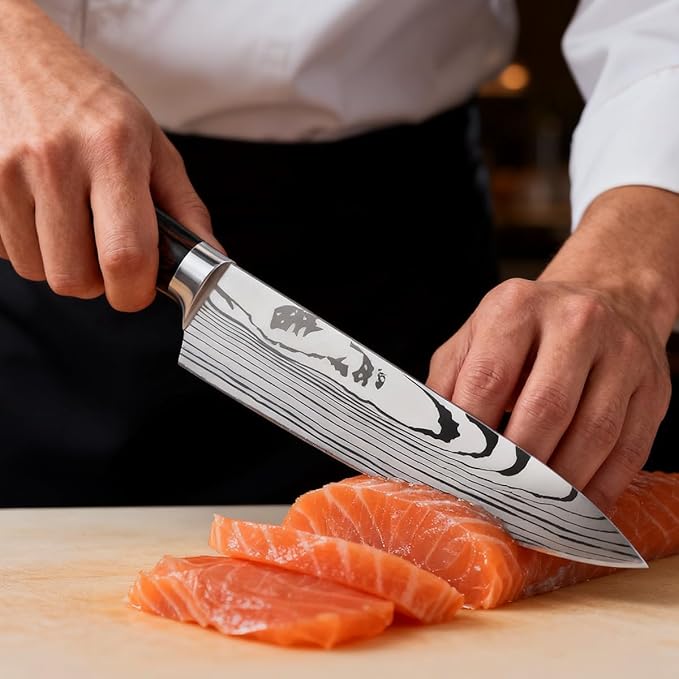 3-Piece Premium Japanese Kitchen Knife Set - Imperial Collection, Laser Damascus Pattern, 440A Stainless Steel Ultra Sharp for Fast Cutting (Redwood 3J)