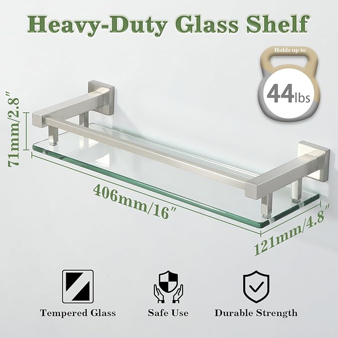 Alise Bathroom Glass Shelf with Stainless Steel Railing, Brushed Nickel Small Tempered Glass Floating Wall Shelf Over The Toilet, 16 inch