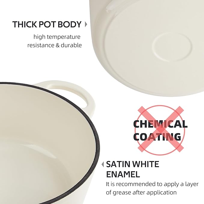 3 Quart Dutch Oven Enameled Cast Iron with Lid - Big Dual Handles - Oven Safe up to 500°F - Classic Round Pot for Versatile Cooking Cream