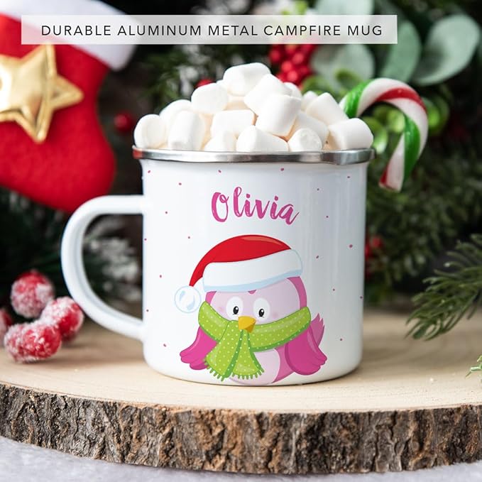 Andaz Press Personalized Name 11oz. Kids Christmas Hot Chocolate Stainless Steel Campfire Coffee Mug, Festive Pink Owl, 1-Pack, Custom Birthday Xmas Cup Hot Chocolate Mugs For Kids Christmas Mugs
