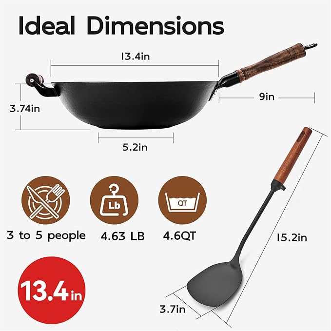 WANGYUANJI 13.4 Inch Cast Iron Wok with Lid and Iron Spatula, Flat Bottom Double-Handle Stir Fry Pan, Chemical-Free Uncoated Wok for Induction, Gas and Electric Stoves
