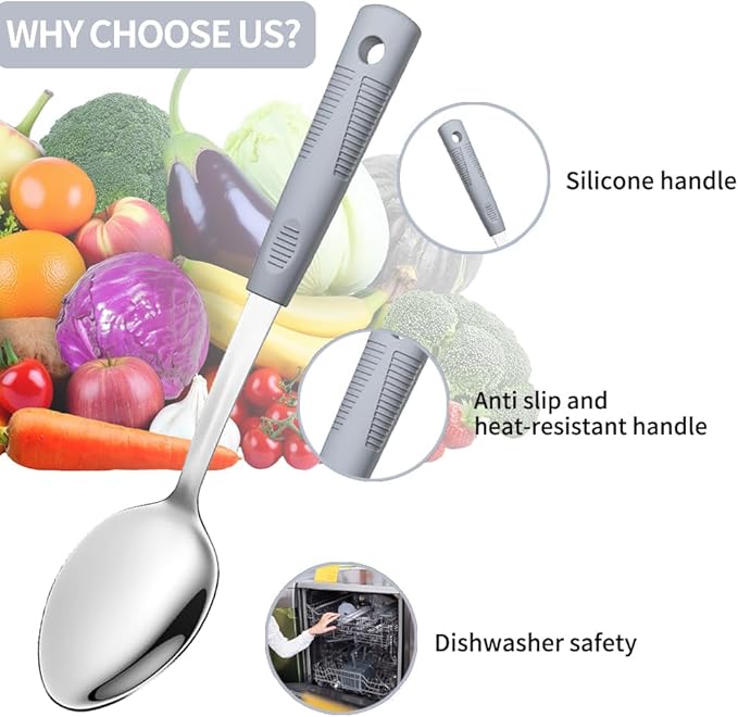 Stainless Steel Serving Spoons & Slotted Spoons Set, with Non-Slip Silicone Handles,2-Piece Metal Serving Spoon, Slotted Metal Spoon for Home Kitchen, Parties & Daily Use-Grey