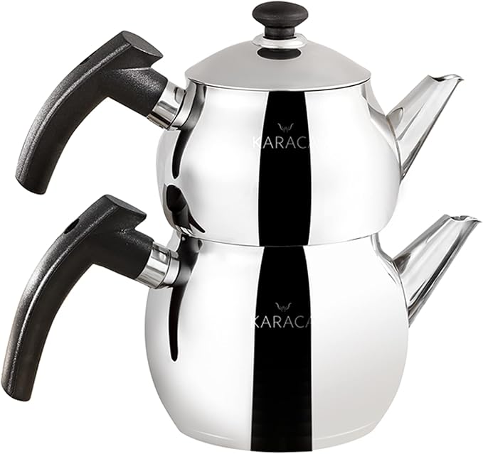 KARACA Adelya Teapot Set, 1.1Ltr, Stainless Steel, Black, Turkish, Induction Compatible, Dishwasher Safe, 2-Year Guarantee