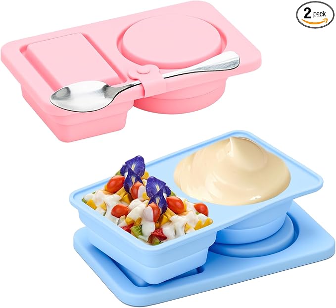 2 Pack Reusable Snack Containers with Lids, Silicone Double Compartment Snack Box Container, Small Mini Snack Pack Containers for Travel, Picnic, Work